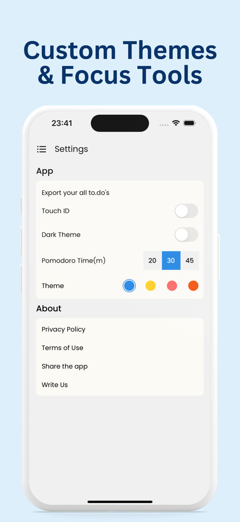 To do List: Task Manager, AI - Ein Einstellungsbildschirm einer mobilen App, der Anpassungsoptionen für Designs und einen Pomodoro-Fokus-Timer für die To do List App zeigt.