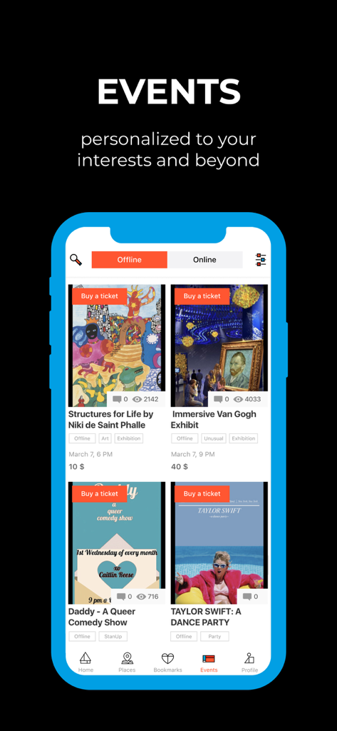Mobile screen of the Kaver app featuring curated art exhibits and dance parties with a buy ticket button