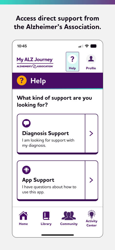 My ALZ Journey - Screenshot of the My ALZ Journey app Help screen showing options for diagnosis support and app support.