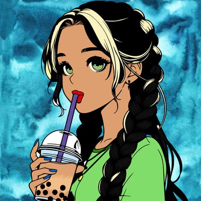 realistic girl with braided hair drinking boba