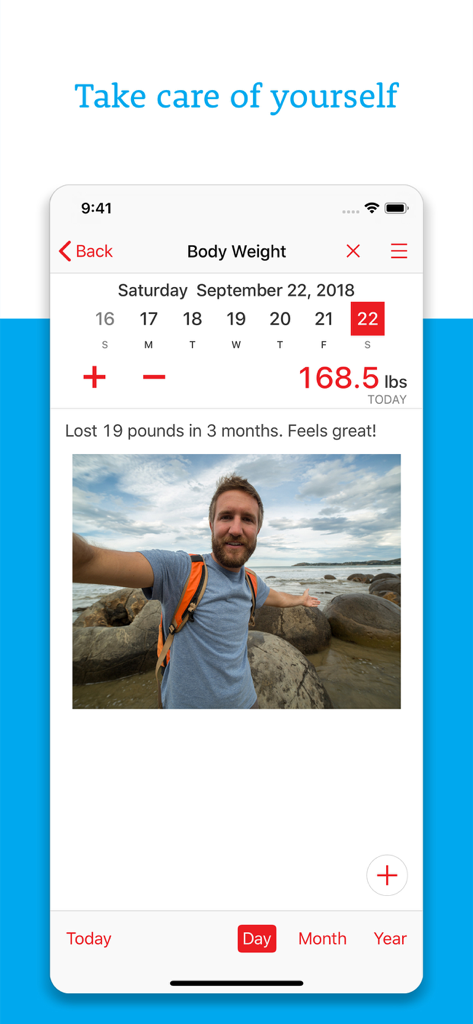 Daily Organizer+ Day Planner - App Daily Organizer che mostra un registro del peso corporeo con una foto dei progressi e una voce di peso di 168,5 libbre