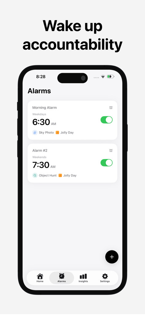 Wayk app alarm interface showing a morning alarm set for 6:30 AM with a Sky Photo mission and a weekend alarm for 7:30 AM with an Object Hunt mission.
