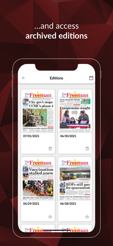 Mobile interface of The Freeman Cebu app showing a list of archived digital newspaper editions sorted by date