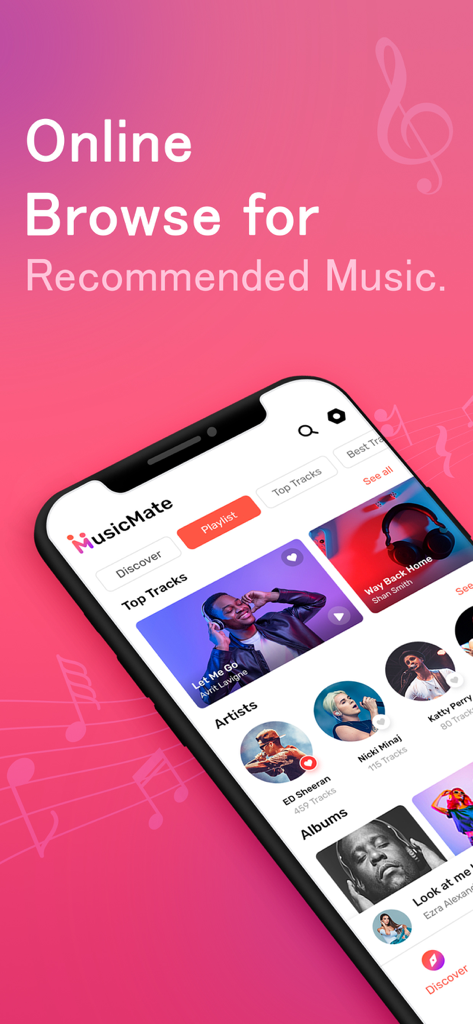 Music Mate - Top Music - Smartphone screen displaying the Music Mate app interface with sections for top tracks, artists, and albums