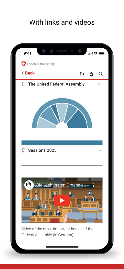 CH info - Écran de l'application CH info détaillant l'Assemblée fédérale suisse avec des liens et une vidéo éducative.
