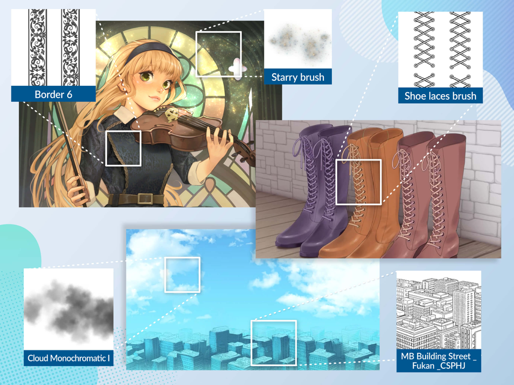 Clip Studio Paint - Showcase of Clip Studio Paint digital art brushes and background assets including patterns and 3D city models