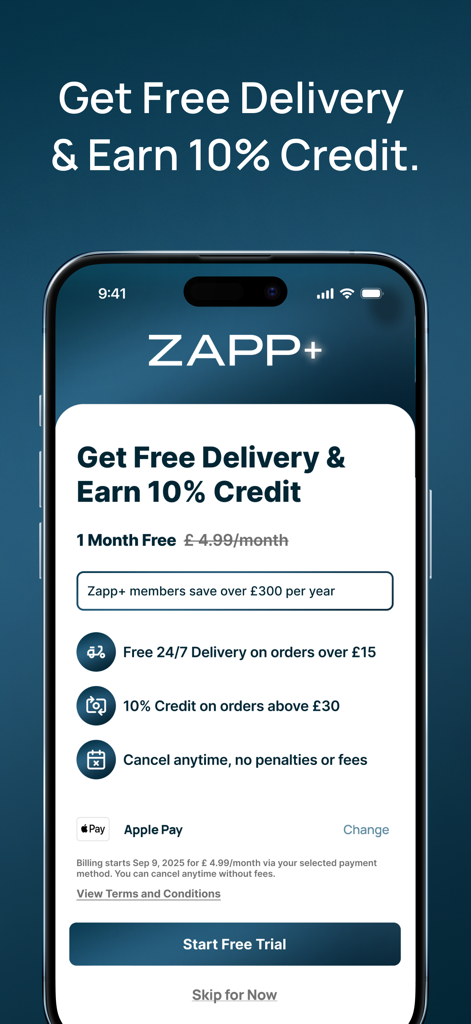 Zapp – 24/7 Drinks & Groceries - Zapp plus membership interface showing free delivery and credit rewards benefits