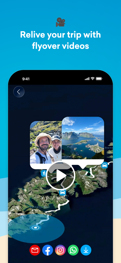 FindPenguins app screen showing a 3D travel flyover video with a mapped route and vacation photos