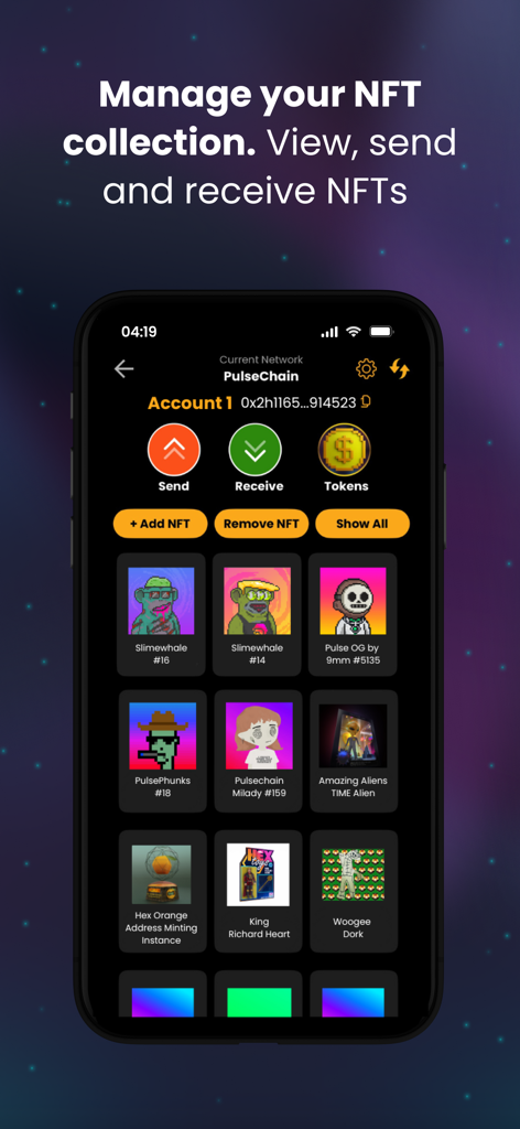 Internet Money - Crypto Wallet - NFT collection gallery interface in the Internet Money Crypto Wallet app showing digital collectibles on PulseChain.