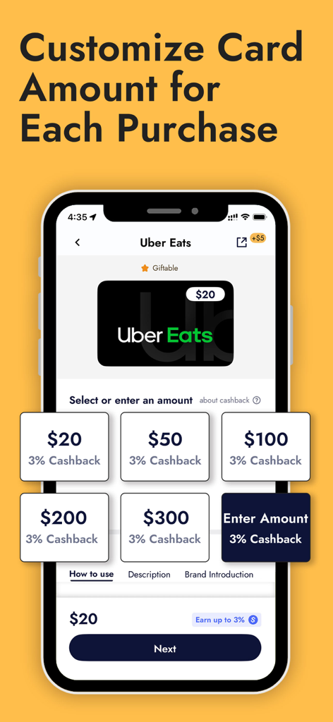 Snaplii app interface for selecting and customizing Uber Eats gift card amounts with cashback rewards