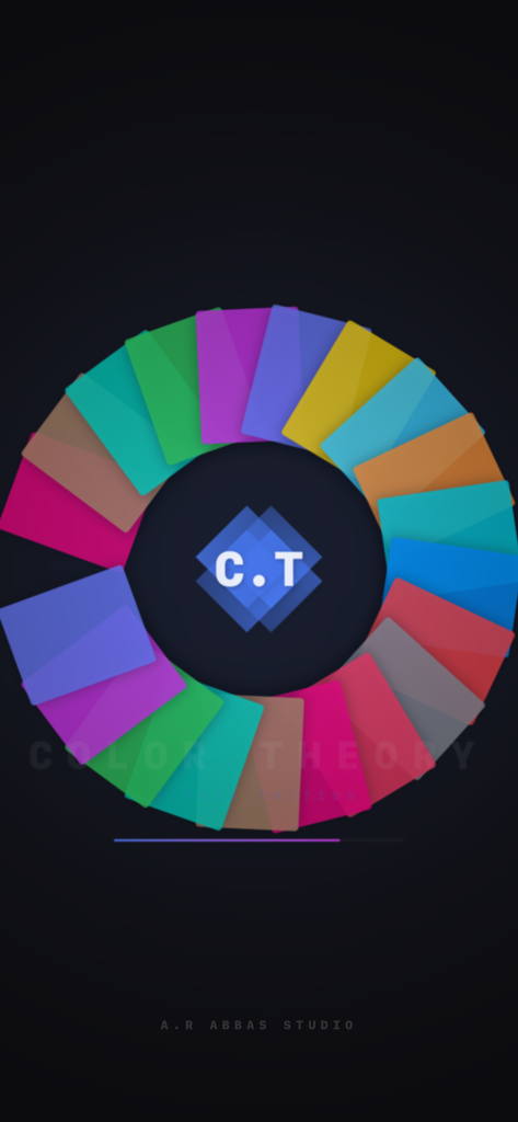 Color Theory Studio splash screen featuring a vibrant wheel of colorful paper fragments.