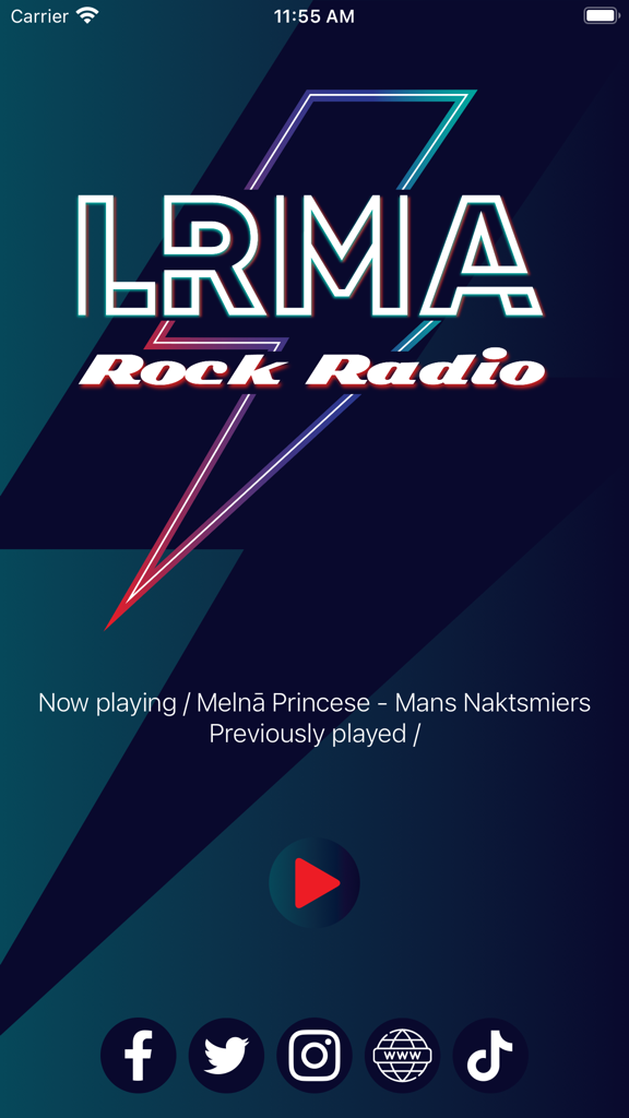 LRMA Rock Radio - LRMA Rock Radio 앱 홈 화면에 현재 트랙 정보와 재생 버튼이 표시됨