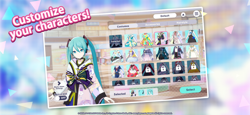 Hatsune Miku character customization screen with various costume options