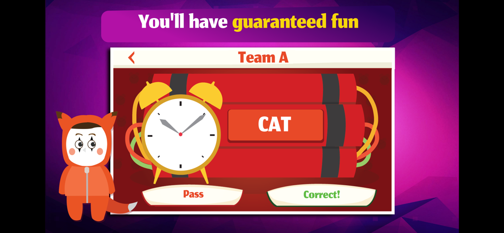 Charades - Guessing Party Game - Pantalla de juego del juego de fiesta Charades que muestra un temporizador de bomba que hace tictac con la palabra GATO para el Equipo A.