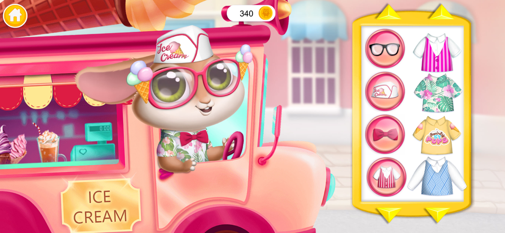 Swirly Icy Pops - Blush the Bunny usando gafas y un sombrero de heladero en su camión con un menú de opciones de ropa