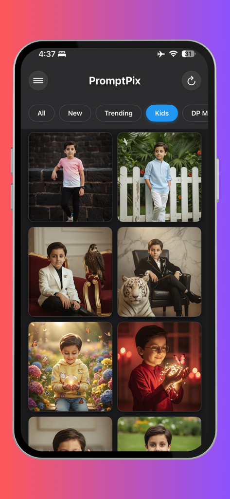 PromptPix -AI Prompt Generator - PromptPixアプリのインターフェース、若い男の子のAI生成画像のグリッドを備えたキッズカテゴリを表示しています