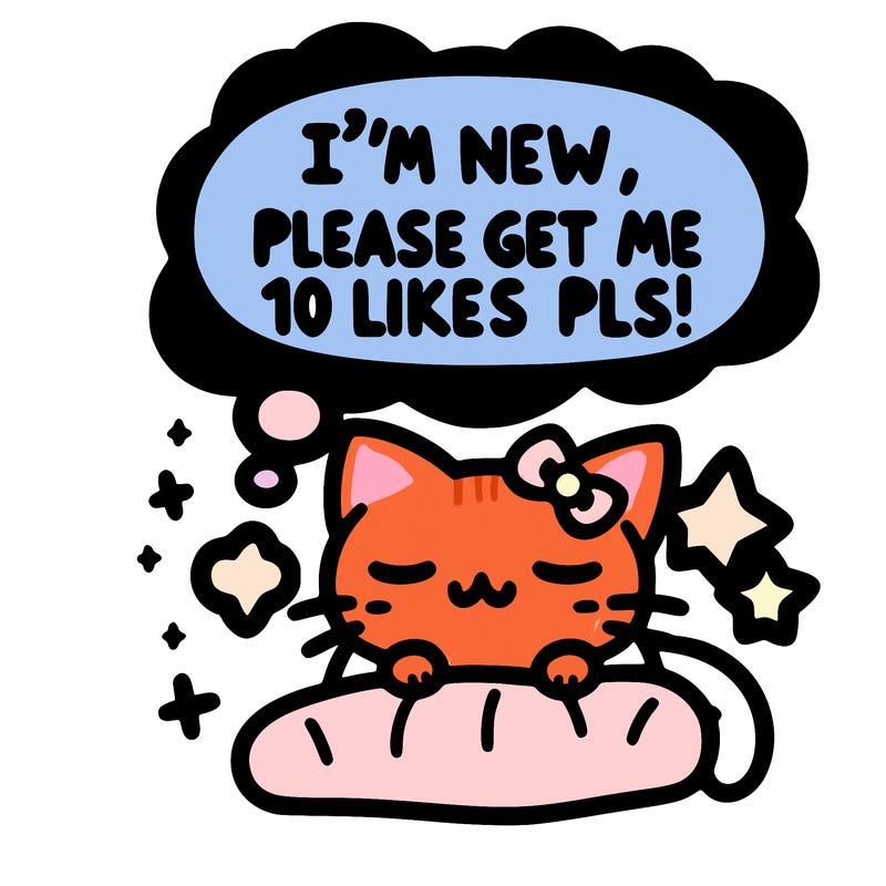 kitty taking a nap dream talking and saying "i'm new, please get me at least 10 likes pls!!"