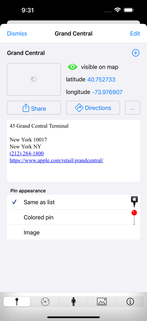 POIViewer - A detail screen in the POIViewer app showing location information for Grand Central with coordinates and pin appearance options.