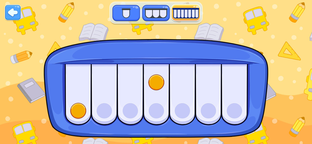 Baby Piano, Drums, Xylo & more - A colorful digital piano keyboard for toddlers with a yellow school themed background