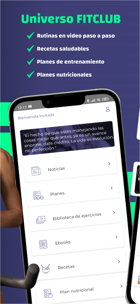 Fitclub Fuerza Femenina - Interface of the Fitclub Fuerza Femenina app showing workout plans and healthy recipes in Spanish