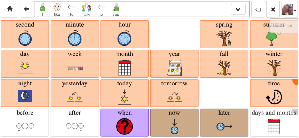 CoughDrop - A communication board in the CoughDrop app featuring buttons for time and calendar concepts