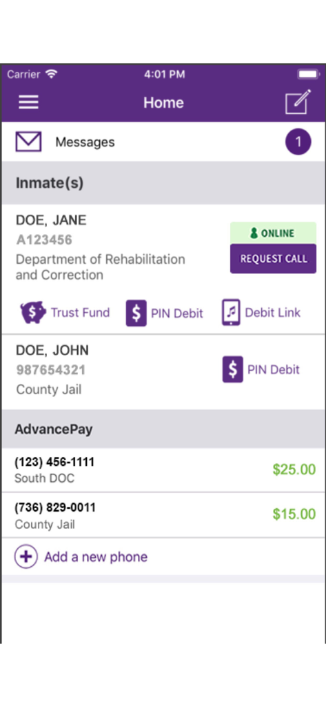 Home screen of the ConnectNetwork app showing inmate accounts, messaging, and prepaid phone balances