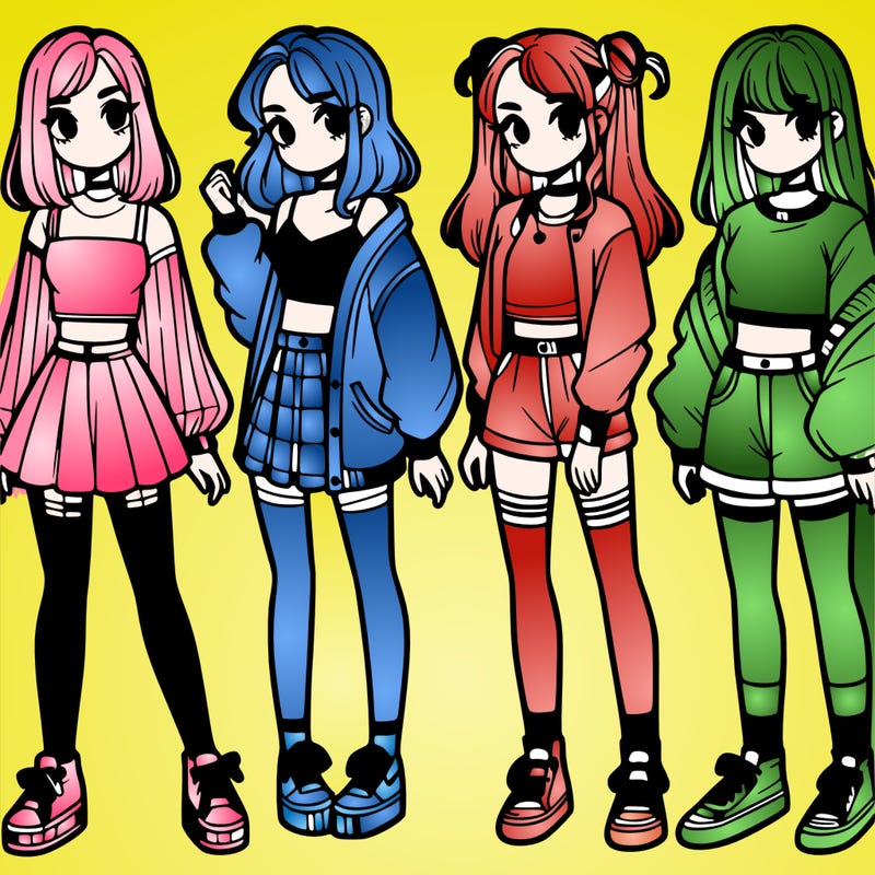 one girl with crop-top shirt and a jacket with a skirt, long socks and another girl with a shirt and pants with a jacket