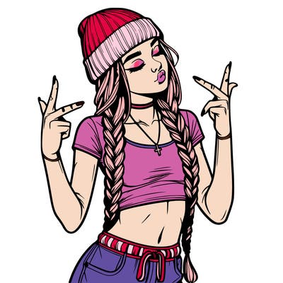realistic teenage girl with braids and a beanie and crop top doing 🫶🏼