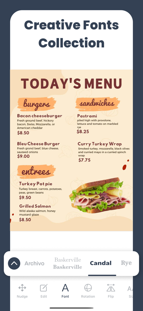 Selecting creative fonts for a restaurant menu design in the app
