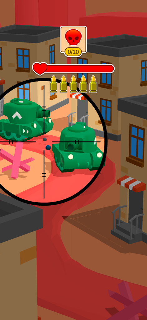 Tank Sniper: 3D Shooting Games - Vista de mira de francotirador apuntando a tanques enemigos verdes en un entorno urbano estilizado.
