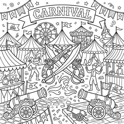 Step right up to a one-of-a-kind coloring adventure where pirate might meets carnival magic! This intricate design features classic pirate weaponry woven into a vibrant fairground scene, ready for your artistic touch.