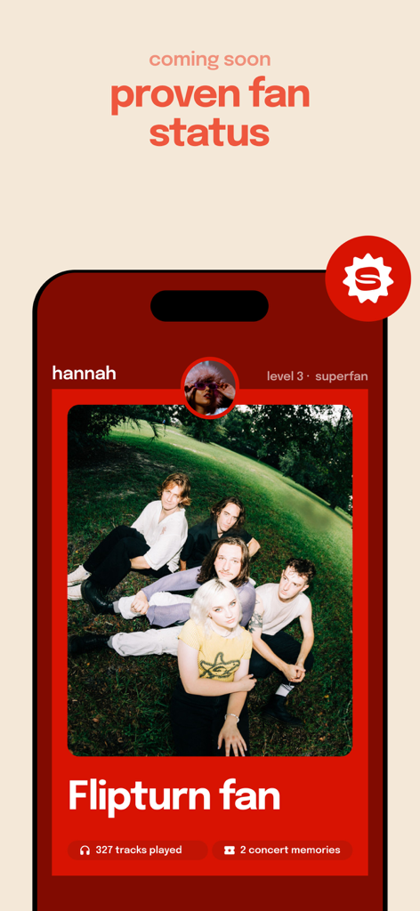 Superfan app screen showing a user profile with proven fan status for the band Flipturn including tracks played and concert memories