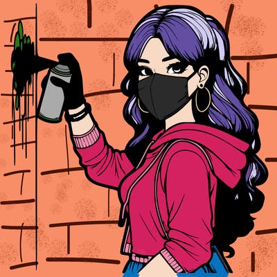 realistic girl with mask spray painting a wall