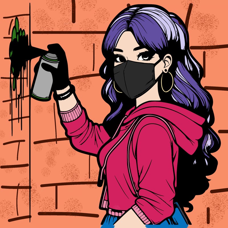 realistic girl with mask spray painting a wall