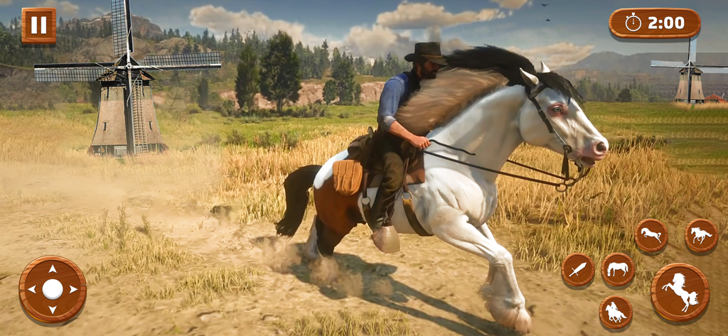 Wild Horse Simulator Jungle 3D - 背景に風車がある緑の野原を白い馬に乗って横切り、画面上にモバイルゲームのコントロールが表示されている。