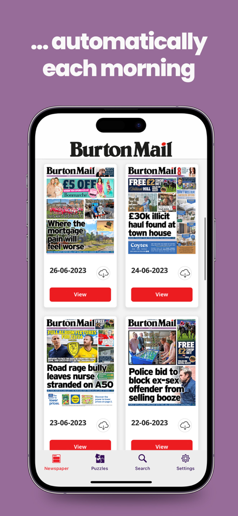 Burton Mail Newspaper - Smartphone screen displaying the eEdition archive of the Burton Mail newspaper
