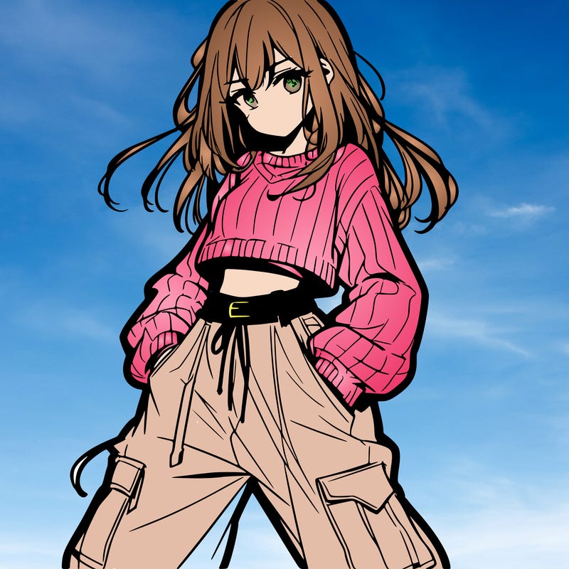 anime teen girl with baggy pants and crop top with sweater