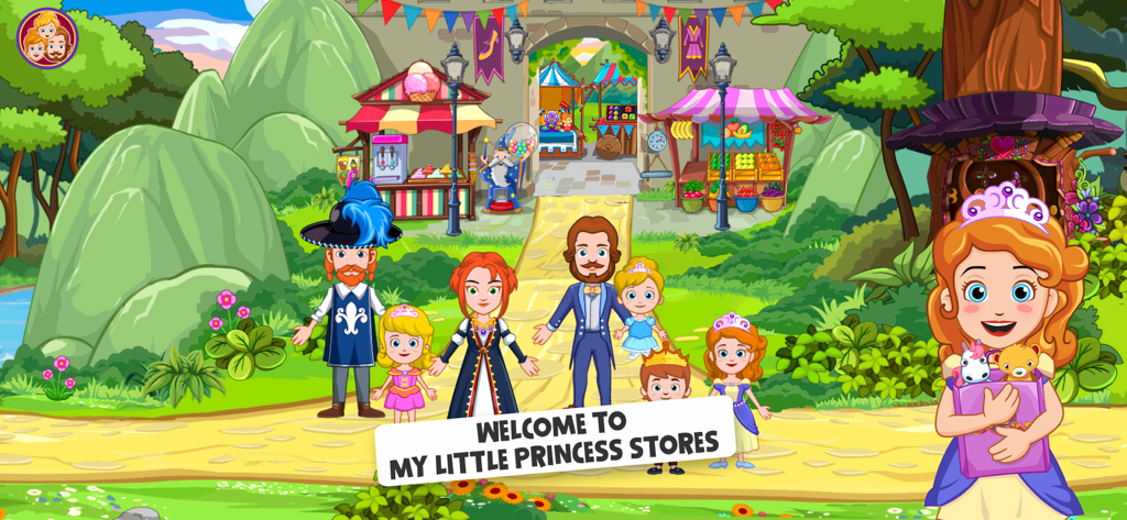 Cartoon royal family standing in front of outdoor market stalls in My Little Princess Stores