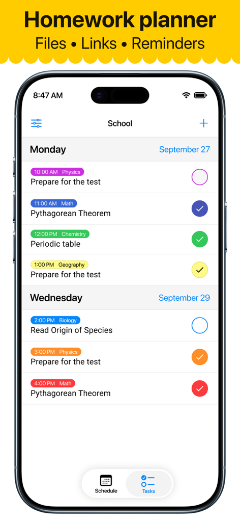 Smart Timetable app homework planner interface on iPhone showing a checklist of school assignments organized by day