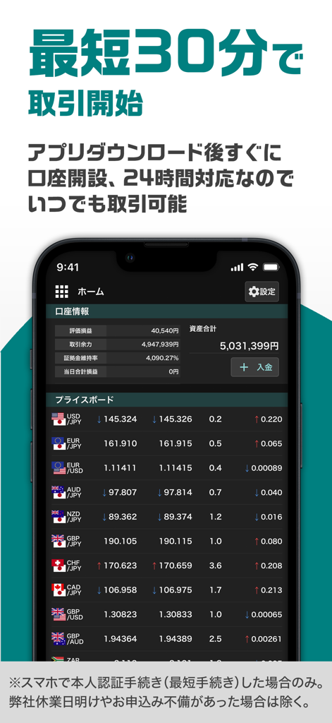 外貨ex - FX取引アプリ - アカウント詳細とライブ通貨価格ボードを備えた外貨ex FX取引アプリが表示されたスマートフォン。