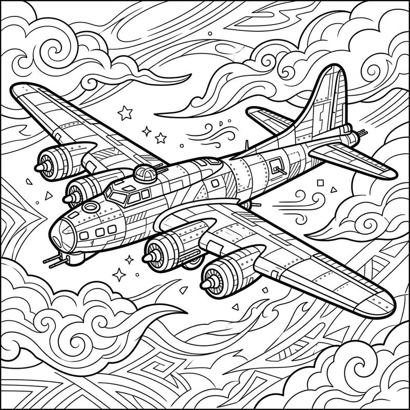 Unleash your artistic skills with this incredibly detailed bomber aircraft coloring page, specially designed to engage and challenge teens. Dive into the thrilling world of aviation and bring this powerful warbird to life with your unique color palette.