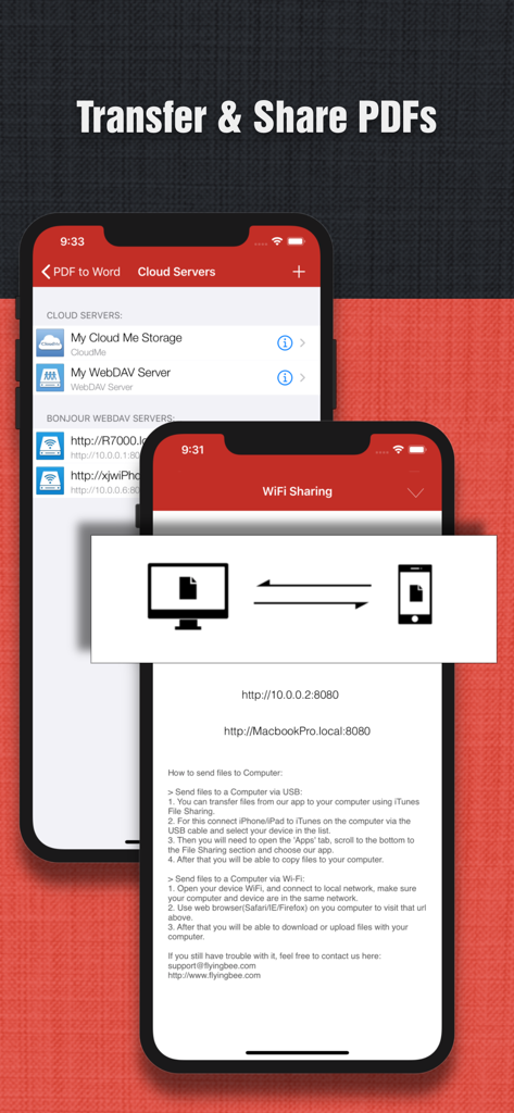 クラウドストレージ統合とWiFiファイル共有機能を表示するPDF to Wordアプリのスクリーンショット。