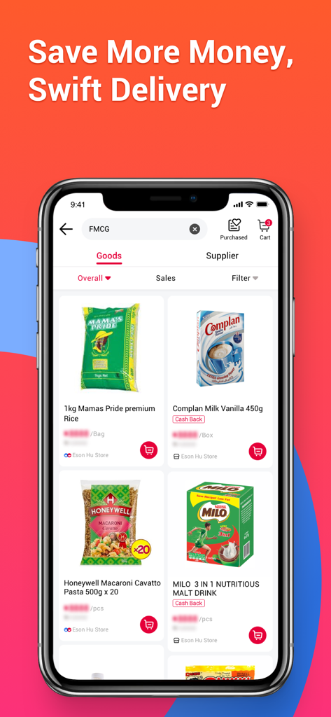 Egatee - Interfaz de la aplicación móvil Egatee que muestra una lista de productos de comestibles como arroz y leche con opciones de agregar al carrito.