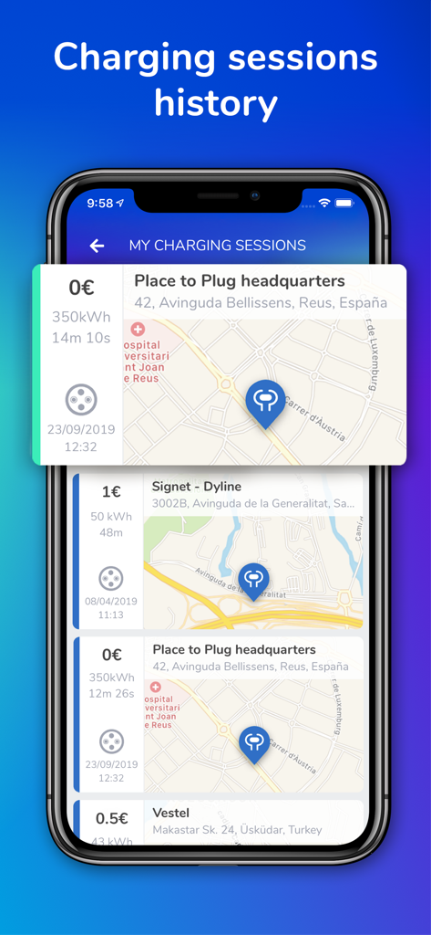 Place to Plug App-Bildschirm mit einer Historie der Ladevorgänge von Elektrofahrzeugen
