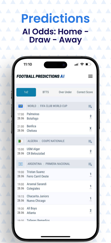 Football Predictions AI - Football Predictions AI app interface showing 1X2 match predictions and AI odds for soccer games