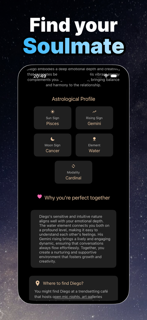 Astrological profile of a soulmate match showing zodiac signs and relationship compatibility