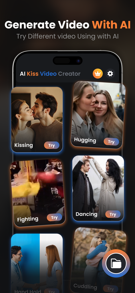 AI Kissing Video Generator - AI Kissing Video Generator app interface showing animation options for kissing hugging fighting and dancing
