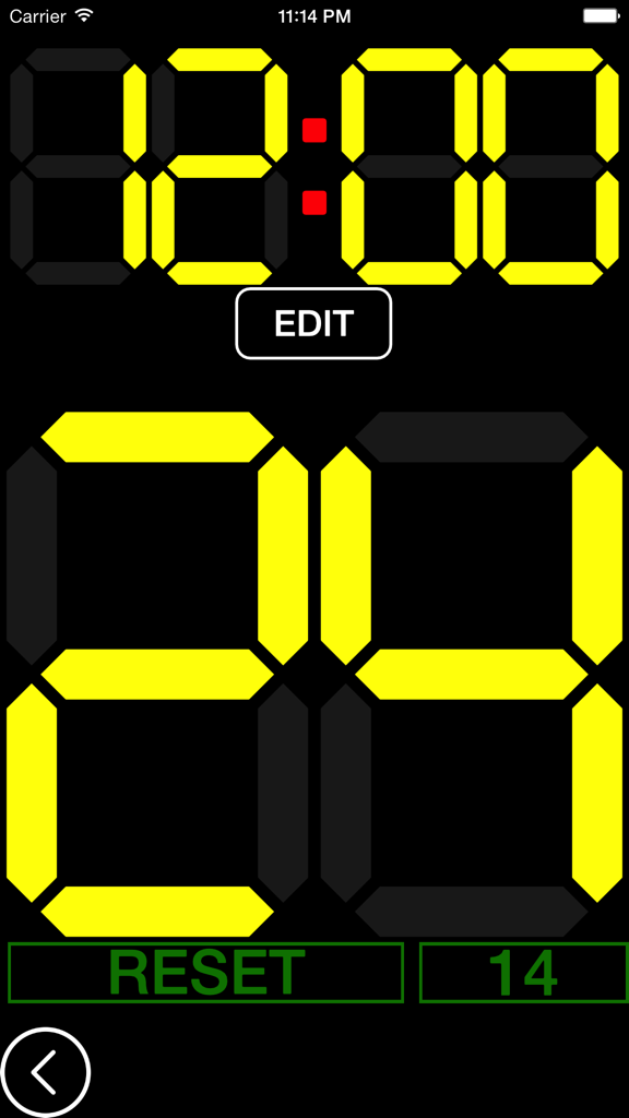 Placar digital de basquete exibindo um cronômetro de jogo de 12:00 e um cronômetro de posse de 24 segundos