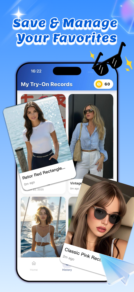 Una pantalla de smartphone que muestra la galería Mis Registros de Prueba dentro de la aplicación Slick Shade, con varios estilos de gafas de sol virtuales guardados en fotos de usuarios.