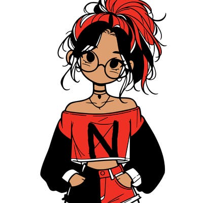 girl with a messy ponytail glasses a baggy crop top and jean shorts